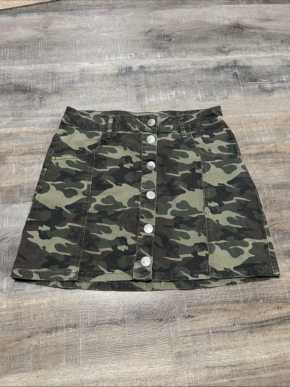 Almost Famous Green Camo Button-Front Denim Mini Skirt
